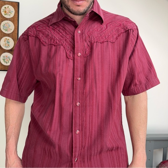 Vintage Other - Vintage 90s Burgundy Pearl Snap Button Embroidered Western Shirt